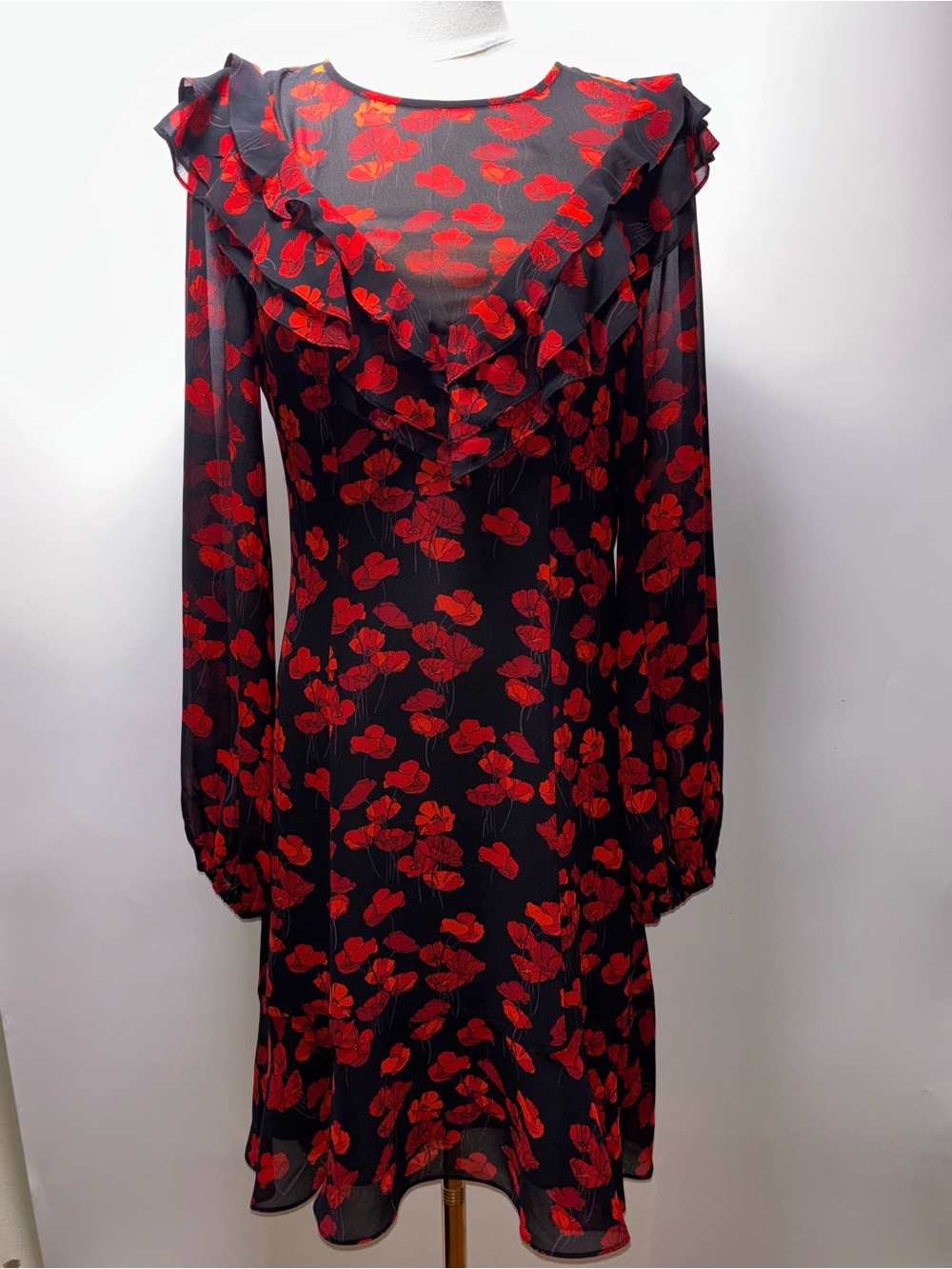 & Other Stories Black Long-Sleeve Ruffle Dress with Red Floral Size 6
